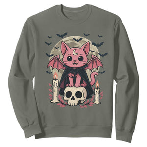 Cute Pastel Goth Vampire Cat Sweatshirt Funny Gothic Halloween Art TS12 Military Green Print Your Wear