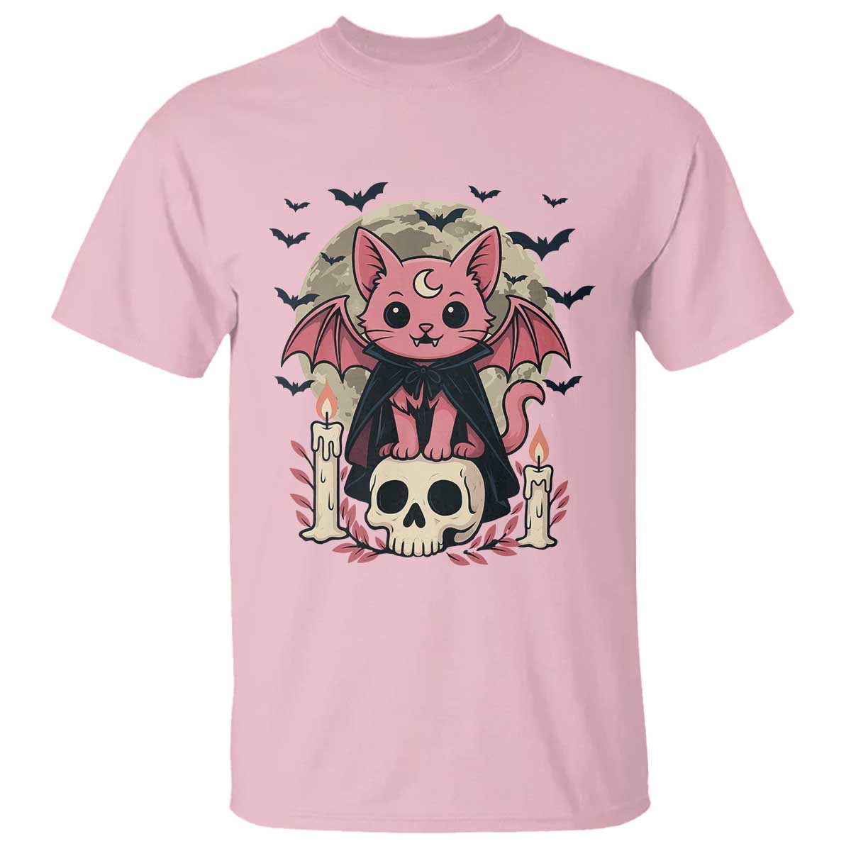 Cute Pastel Goth Vampire Cat T Shirt Funny Gothic Halloween Art TS12 Light Pink Print Your Wear