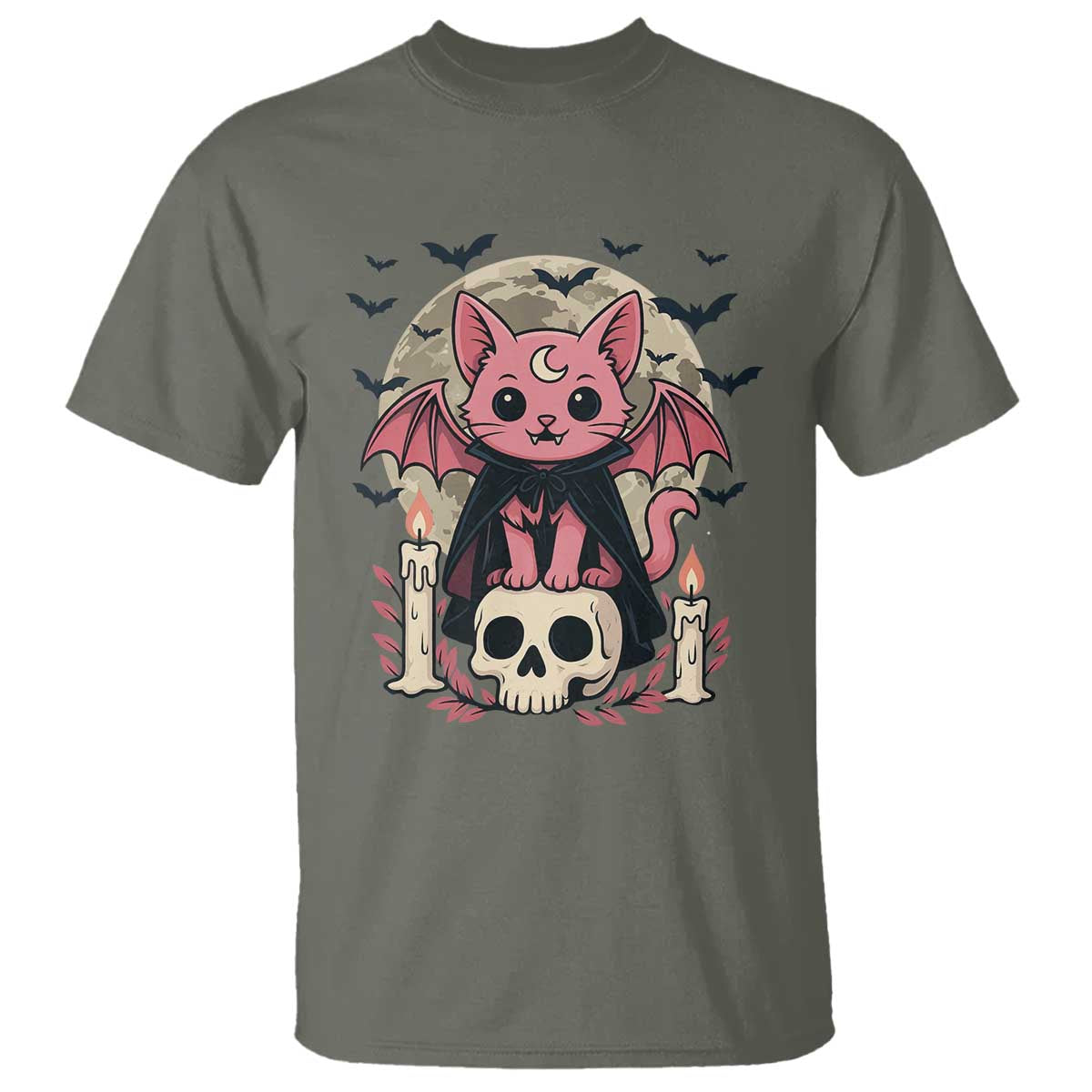 Cute Pastel Goth Vampire Cat T Shirt Funny Gothic Halloween Art TS12 Military Green Print Your Wear
