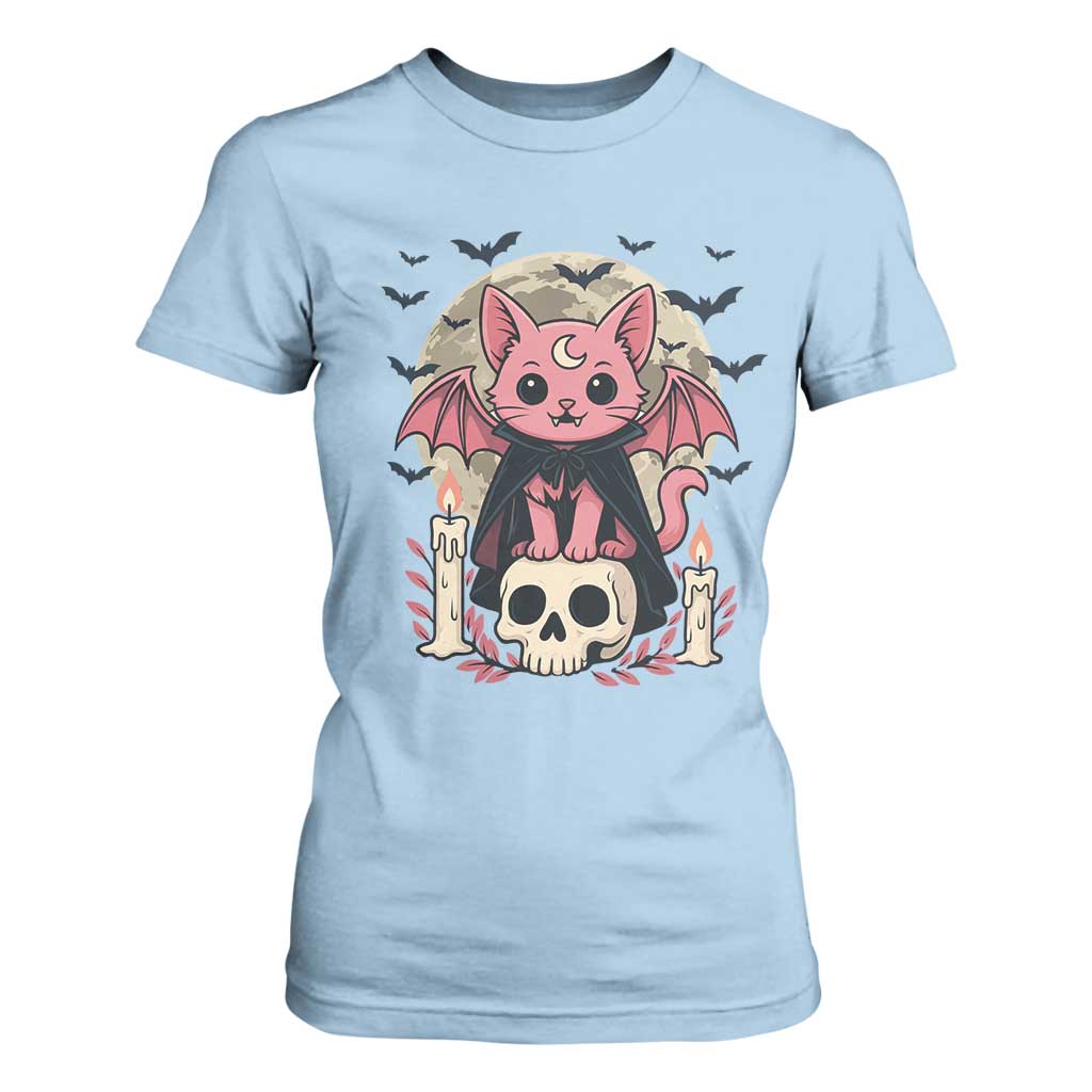 Cute Pastel Goth Vampire Cat T Shirt For Women Funny Gothic Halloween Art TS12 Light Blue Print Your Wear