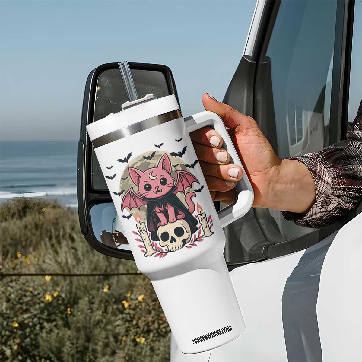 Cute Pastel Goth Vampire Cat Tumbler With Handle Funny Gothic Halloween Art TS12 Print Your Wear