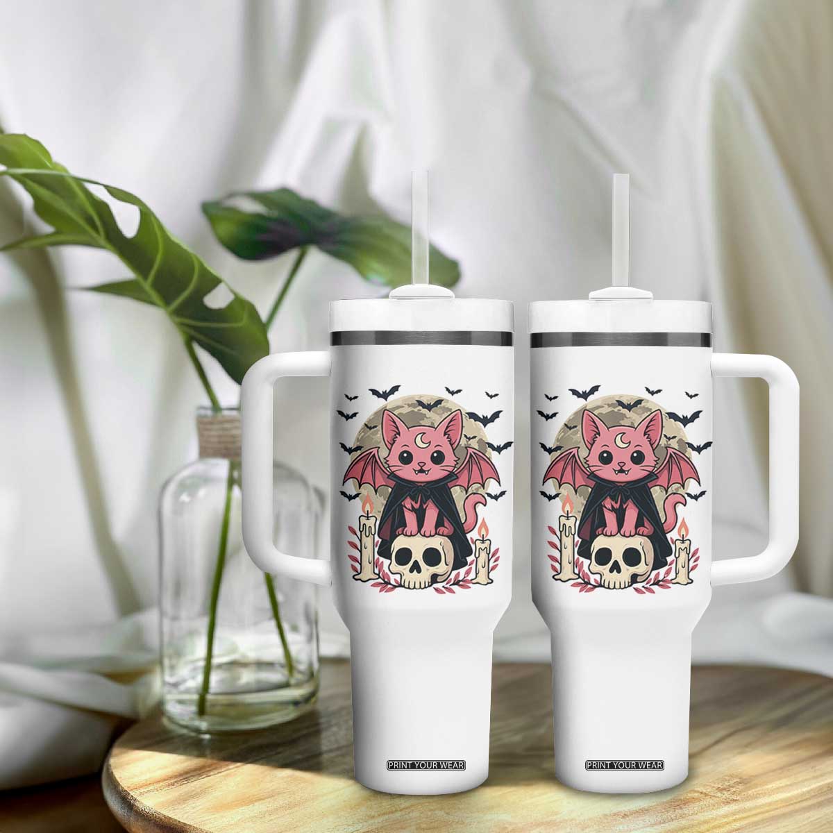 Cute Pastel Goth Vampire Cat Tumbler With Handle Funny Gothic Halloween Art TS12 Print Your Wear