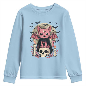Cute Pastel Goth Vampire Cat Youth Sweatshirt Funny Gothic Halloween Art TS12 Light Blue Print Your Wear
