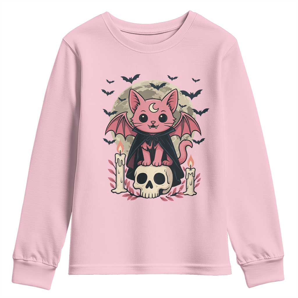 Cute Pastel Goth Vampire Cat Youth Sweatshirt Funny Gothic Halloween Art TS12 Light Pink Print Your Wear