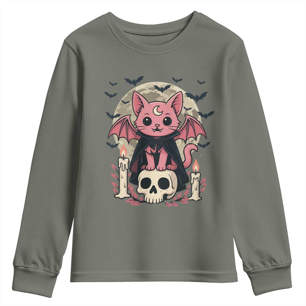 Cute Pastel Goth Vampire Cat Youth Sweatshirt Funny Gothic Halloween Art TS12 Military Green Print Your Wear