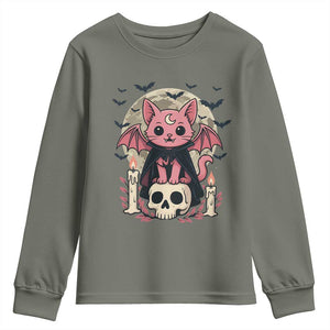 Cute Pastel Goth Vampire Cat Youth Sweatshirt Funny Gothic Halloween Art TS12 Military Green Print Your Wear