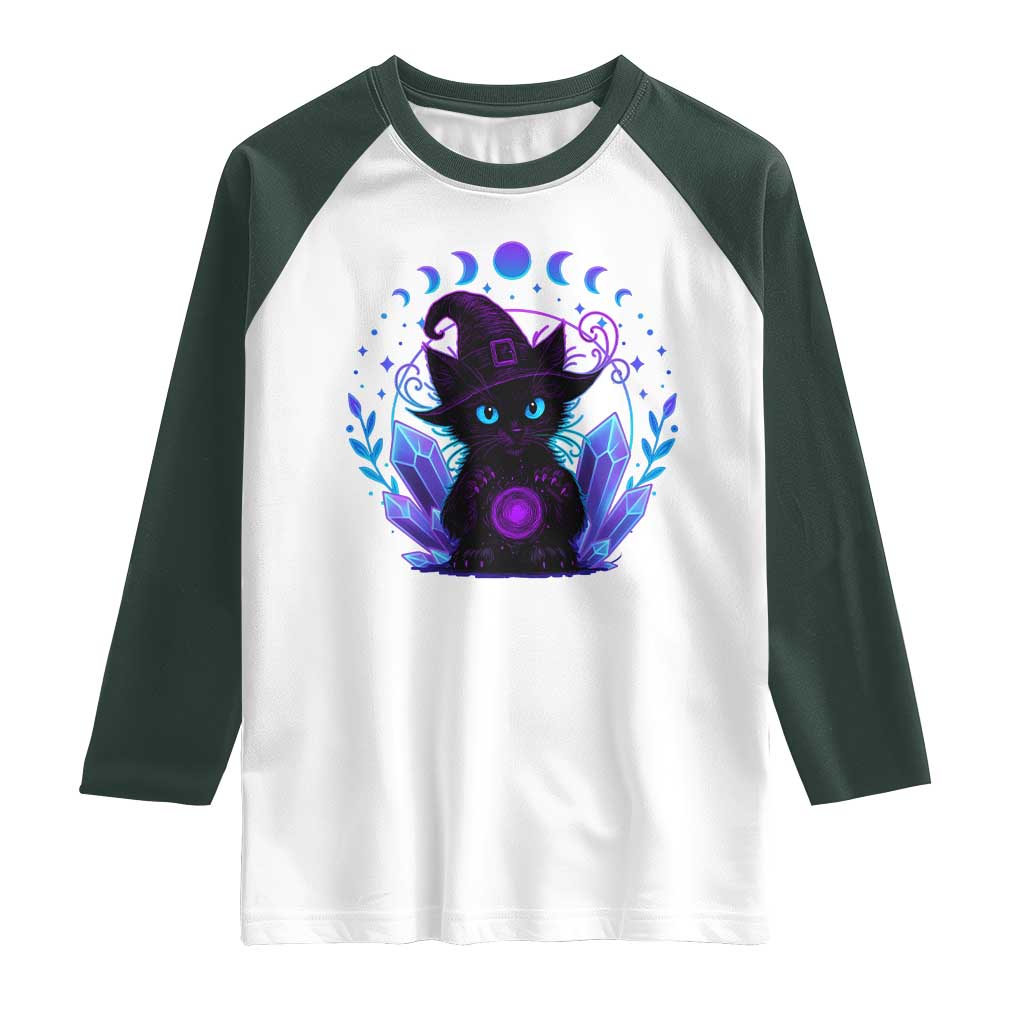 Witchy Black Cat Raglan Shirt Funny Spellcasting Pastel Goth Aesthetic TS12 White Dark Forest Green Print Your Wear