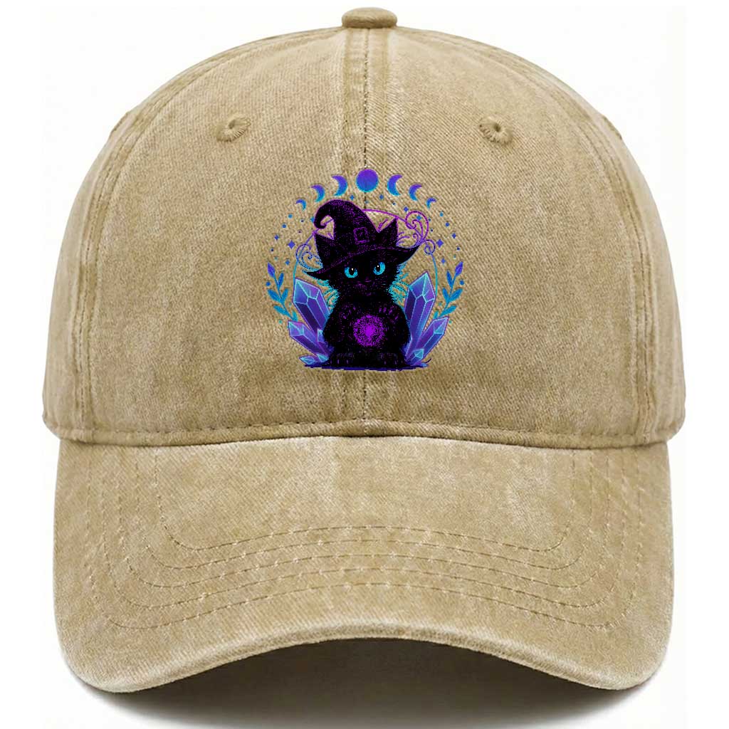 Witchy Black Cat Washed Cotton Baseball Cap Funny Spellcasting Pastel Goth Aesthetic TS12 Print Your Wear