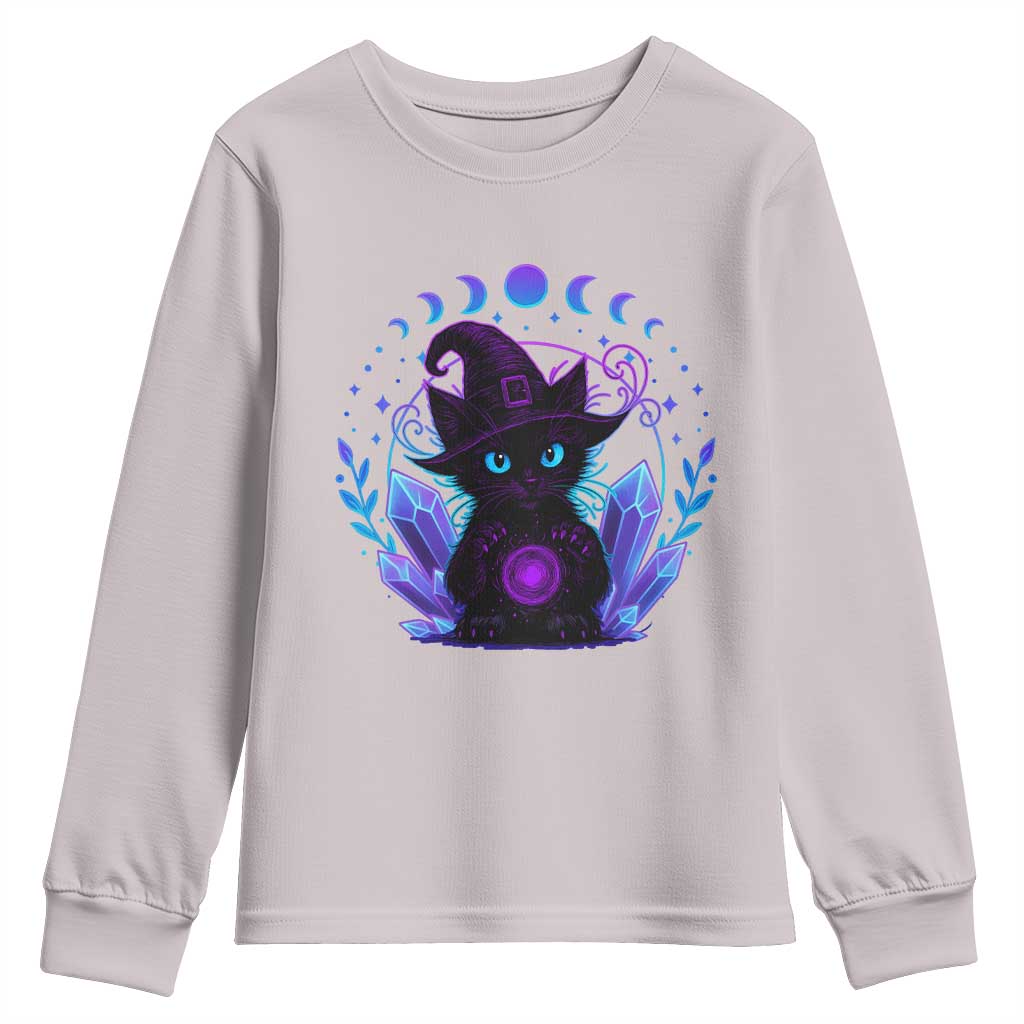 Witchy Black Cat Youth Sweatshirt Funny Spellcasting Pastel Goth Aesthetic TS12 Ice Gray Print Your Wear