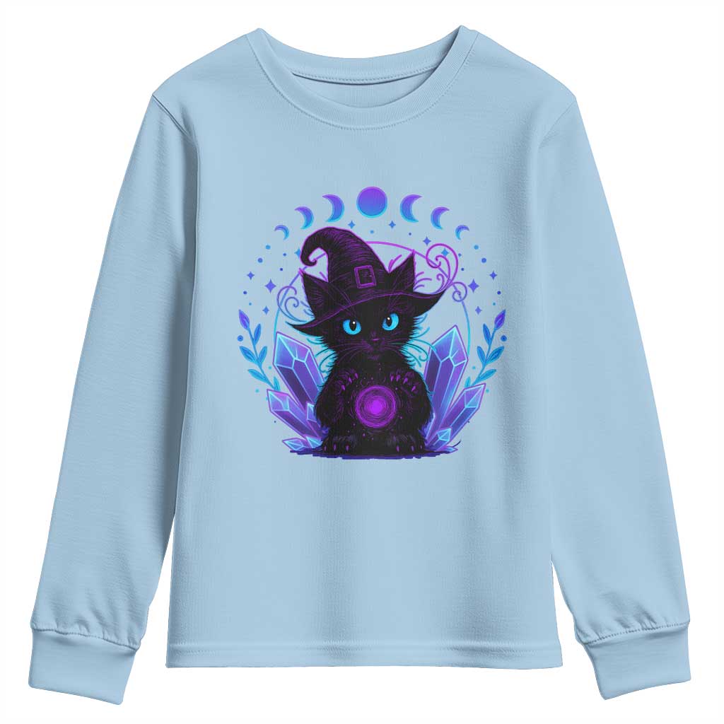 Witchy Black Cat Youth Sweatshirt Funny Spellcasting Pastel Goth Aesthetic TS12 Light Blue Print Your Wear