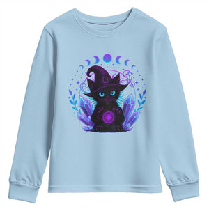 Witchy Black Cat Youth Sweatshirt Funny Spellcasting Pastel Goth Aesthetic TS12 Light Blue Print Your Wear