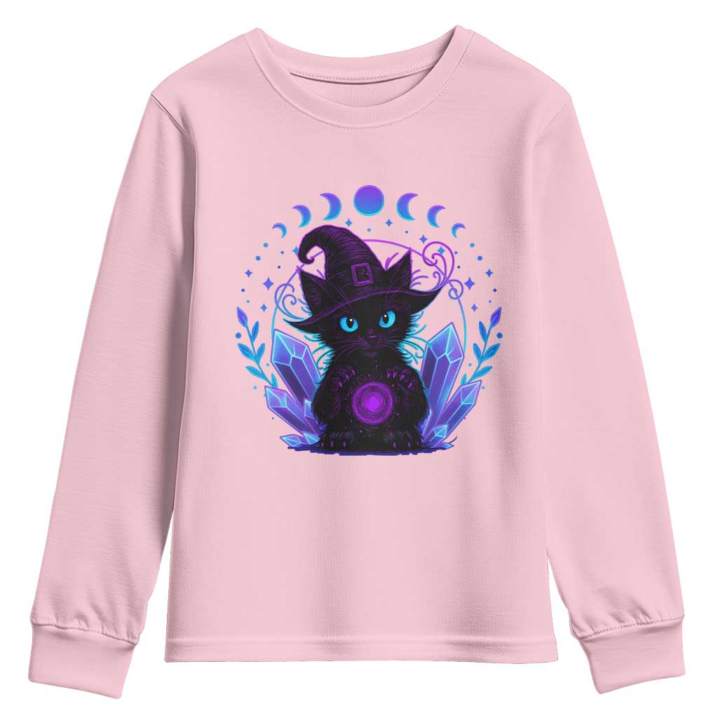 Witchy Black Cat Youth Sweatshirt Funny Spellcasting Pastel Goth Aesthetic TS12 Light Pink Print Your Wear