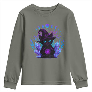 Witchy Black Cat Youth Sweatshirt Funny Spellcasting Pastel Goth Aesthetic TS12 Military Green Print Your Wear