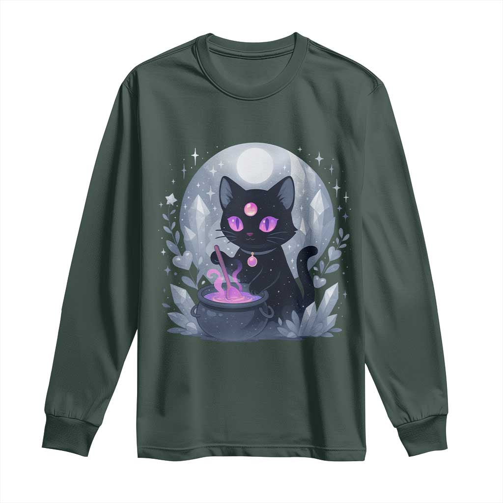 Witchy Black Cat Long Sleeve Shirt Brewing Magic Funny Pastel Goth Art TS12 Dark Forest Green Print Your Wear