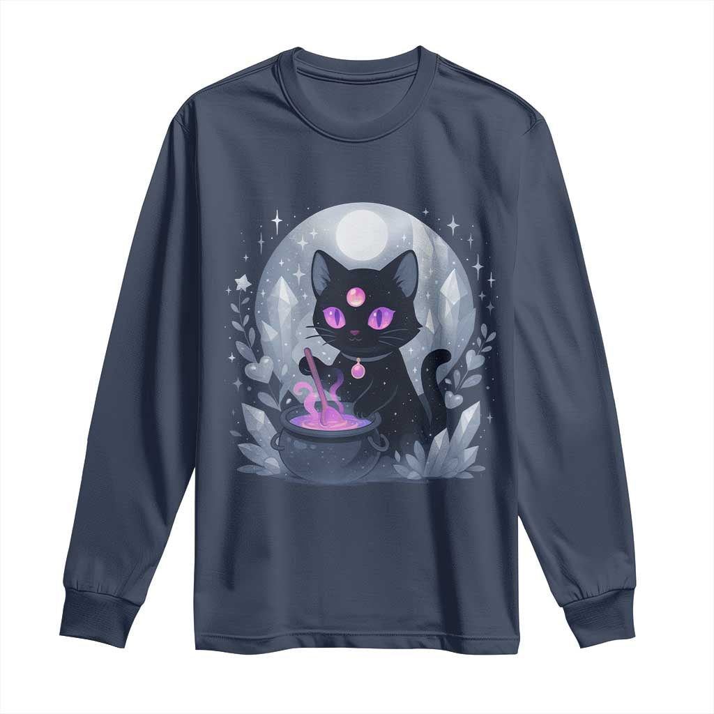 Witchy Black Cat Long Sleeve Shirt Brewing Magic Funny Pastel Goth Art TS12 Navy Print Your Wear
