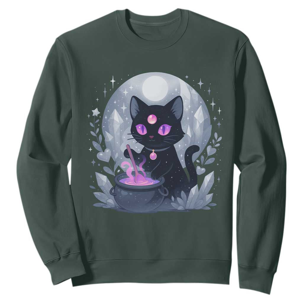 Witchy Black Cat Sweatshirt Brewing Magic Funny Pastel Goth Art TS12 Dark Forest Green Print Your Wear