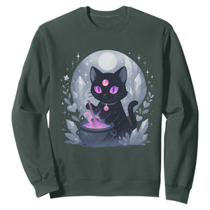Witchy Black Cat Sweatshirt Brewing Magic Funny Pastel Goth Art TS12 Dark Forest Green Print Your Wear