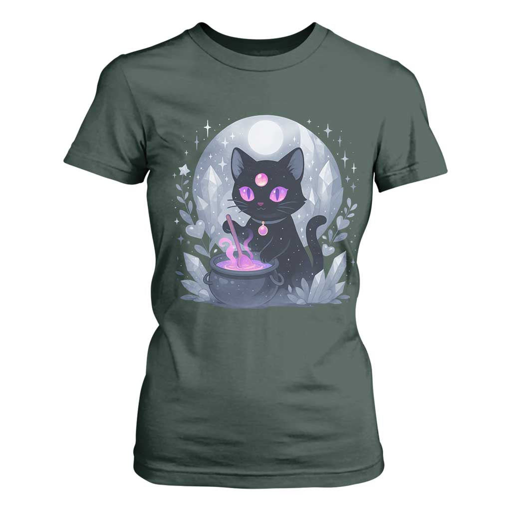 Witchy Black Cat T Shirt For Women Brewing Magic Funny Pastel Goth Art TS12 Dark Forest Green Print Your Wear