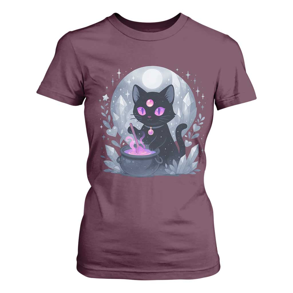 Witchy Black Cat T Shirt For Women Brewing Magic Funny Pastel Goth Art TS12 Maroon Print Your Wear