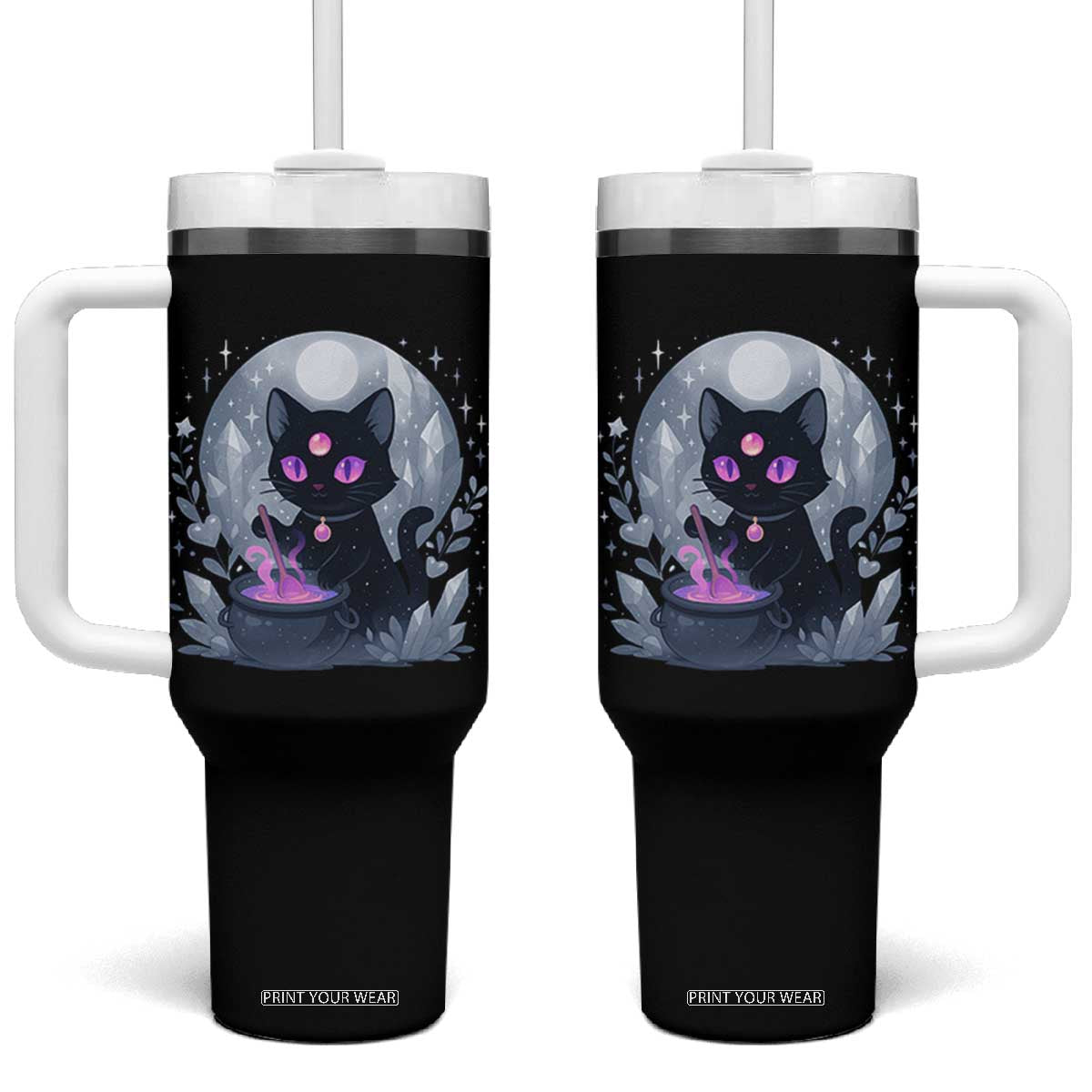 Witchy Black Cat Tumbler With Handle Brewing Magic Funny Pastel Goth Art TS12 One Size: 40 oz Black Print Your Wear