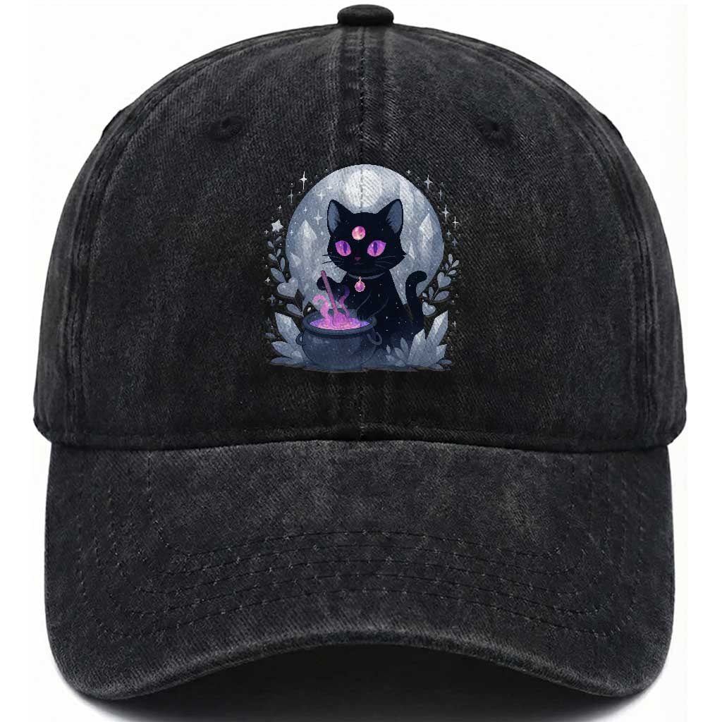 Witchy Black Cat Washed Cotton Baseball Cap Brewing Magic Funny Pastel Goth Art TS12 Print Your Wear