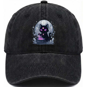 Witchy Black Cat Washed Cotton Baseball Cap Brewing Magic Funny Pastel Goth Art TS12 Print Your Wear