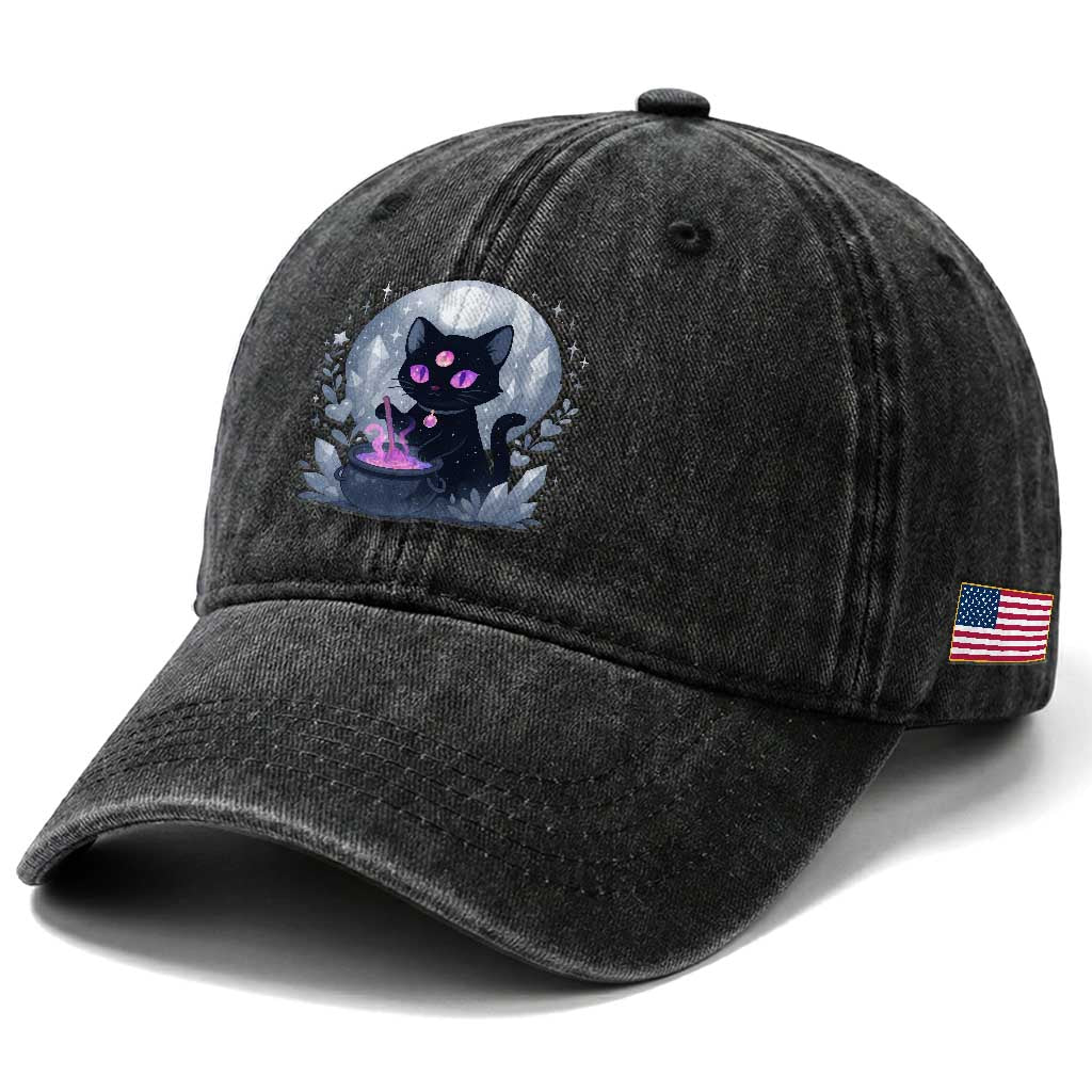 Witchy Black Cat Washed Cotton Baseball Cap Brewing Magic Funny Pastel Goth Art TS12 Print Your Wear
