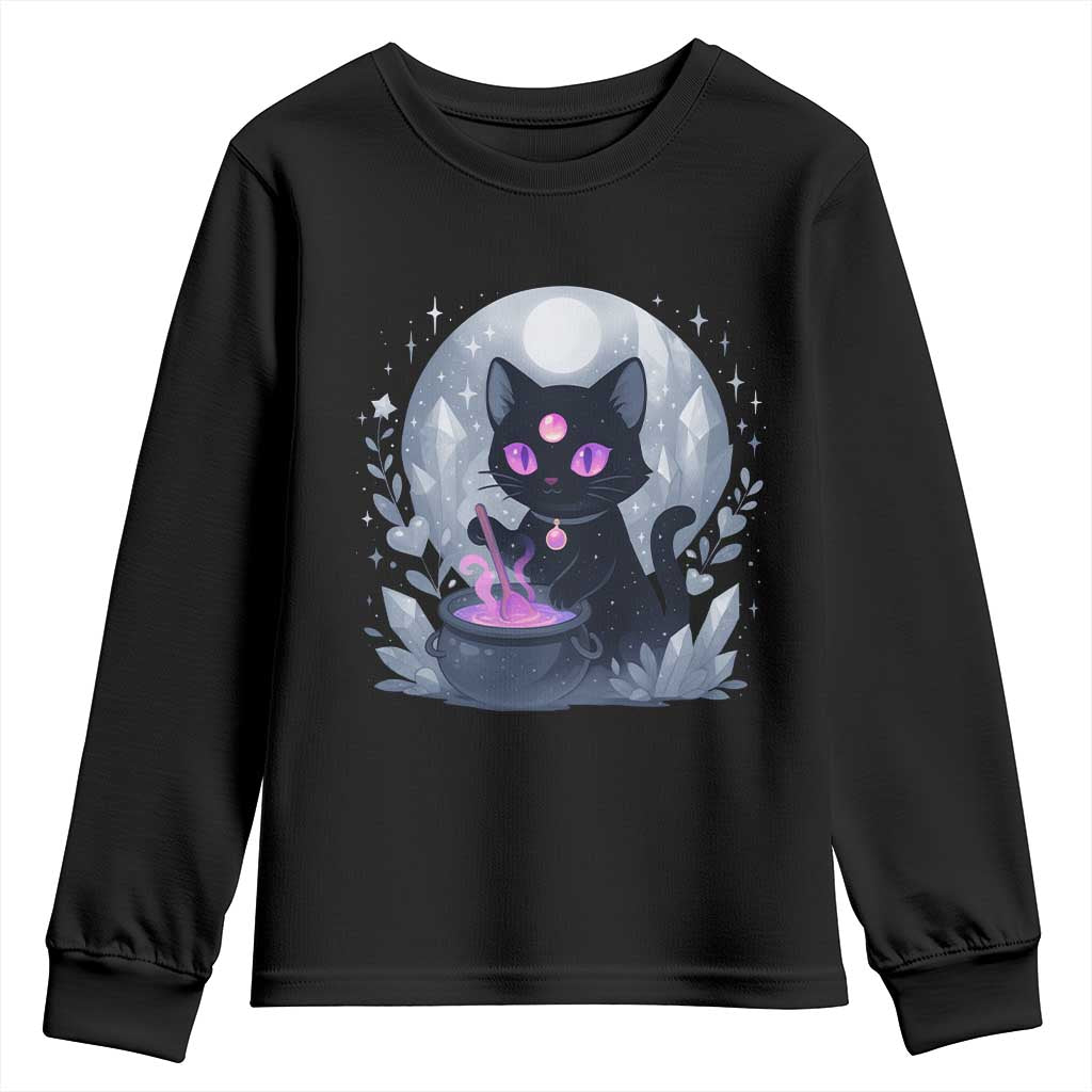 Witchy Black Cat Youth Sweatshirt Brewing Magic Funny Pastel Goth Art TS12 Black Print Your Wear