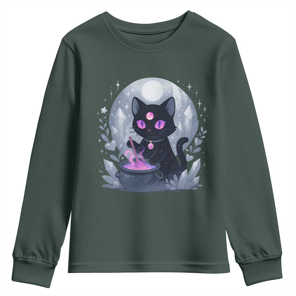 Witchy Black Cat Youth Sweatshirt Brewing Magic Funny Pastel Goth Art TS12 Dark Forest Green Print Your Wear