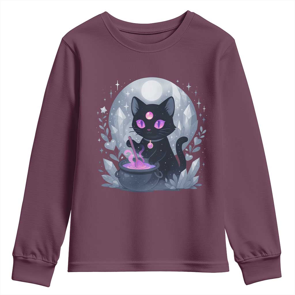 Witchy Black Cat Youth Sweatshirt Brewing Magic Funny Pastel Goth Art TS12 Maroon Print Your Wear