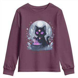 Witchy Black Cat Youth Sweatshirt Brewing Magic Funny Pastel Goth Art TS12 Maroon Print Your Wear