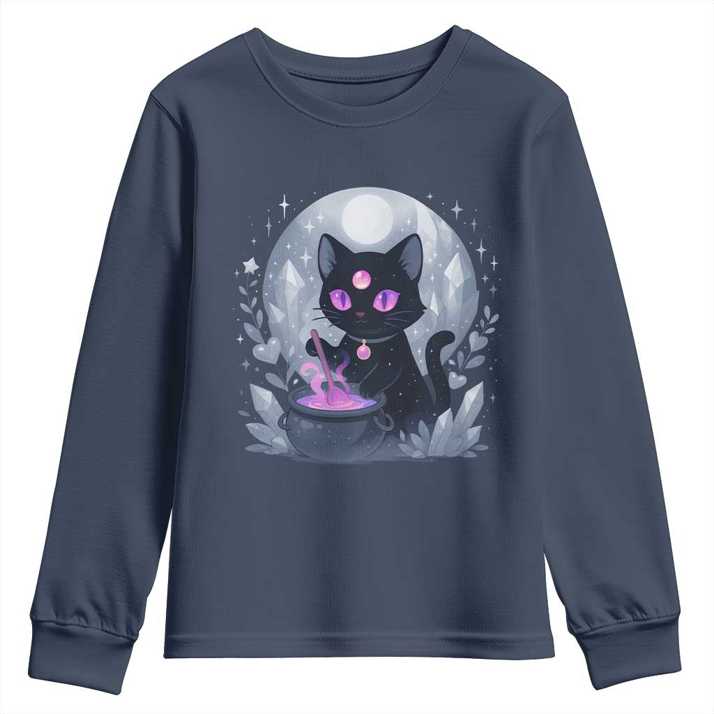 Witchy Black Cat Youth Sweatshirt Brewing Magic Funny Pastel Goth Art TS12 Navy Print Your Wear