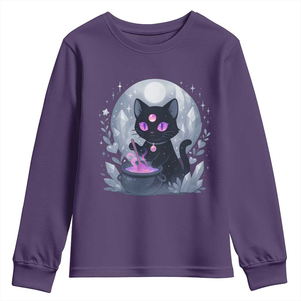 Witchy Black Cat Youth Sweatshirt Brewing Magic Funny Pastel Goth Art TS12 Purple Print Your Wear