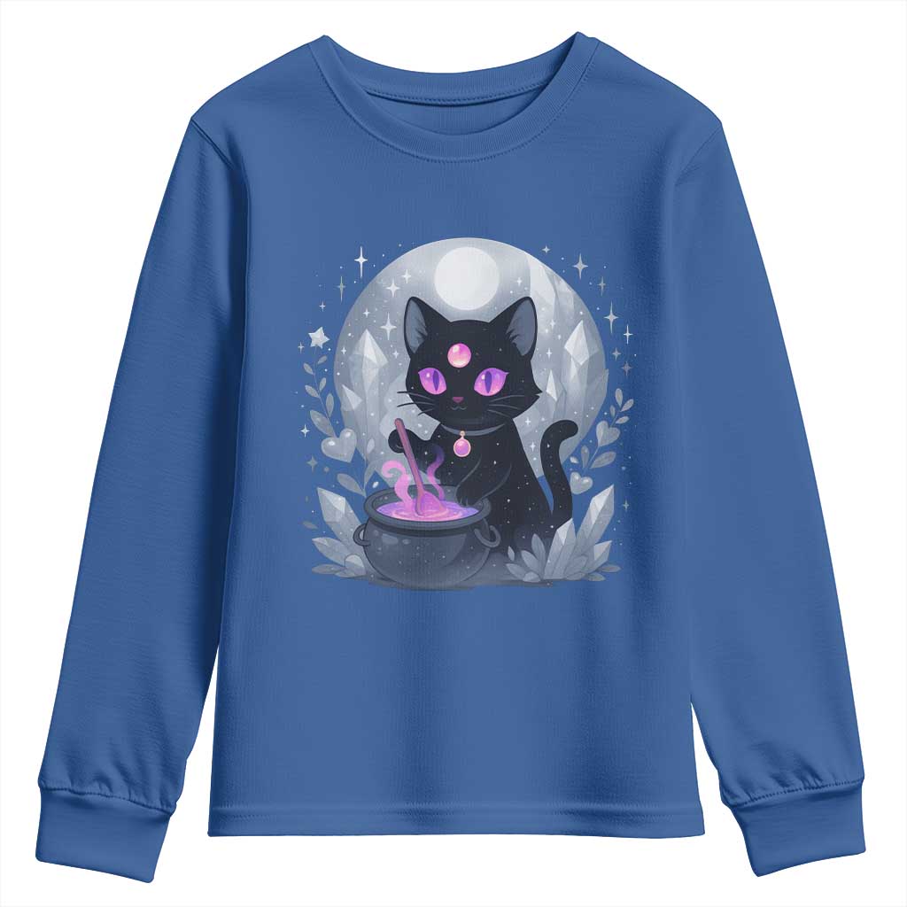 Witchy Black Cat Youth Sweatshirt Brewing Magic Funny Pastel Goth Art TS12 Royal Blue Print Your Wear