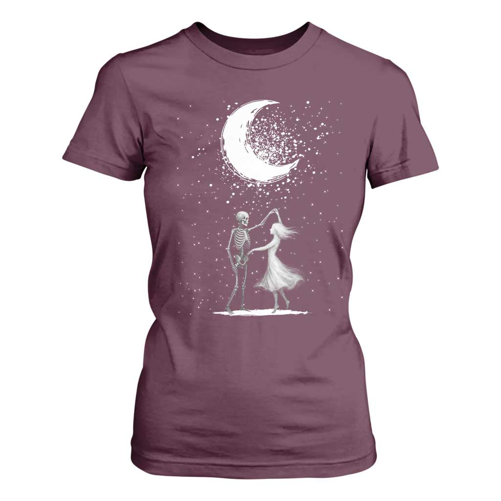 Skeleton Lover Dancing Under The Moon Dark Romantic Art T Shirt For Women TS12 Maroon Print Your Wear