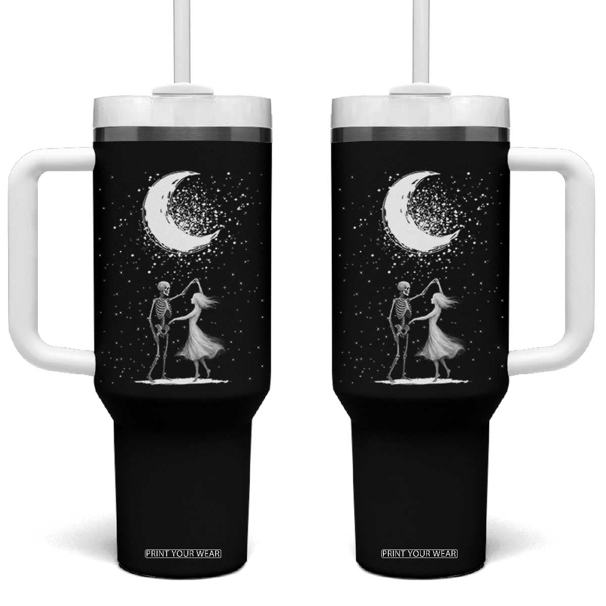 Skeleton Lover Dancing Under The Moon Dark Romantic Art Tumbler With Handle TS12 One Size: 40 oz Black Print Your Wear
