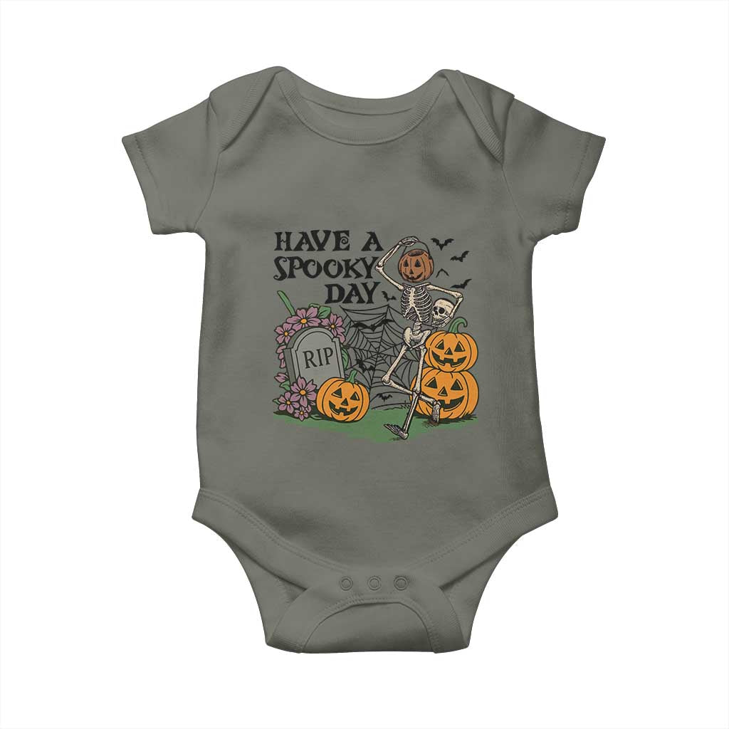 Funny Halloween Skeleton Baby Onesie Have A Spooky Day TS12 Military Green Print Your Wear