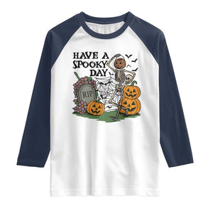 Funny Halloween Skeleton Raglan Shirt Have A Spooky Day TS12 White Navy Print Your Wear