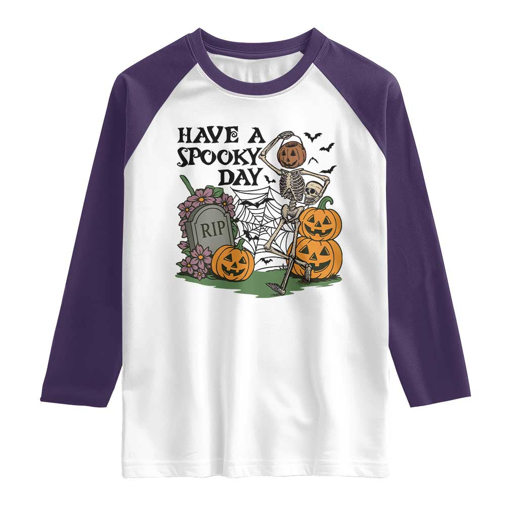Funny Halloween Skeleton Raglan Shirt Have A Spooky Day TS12 White Purple Print Your Wear