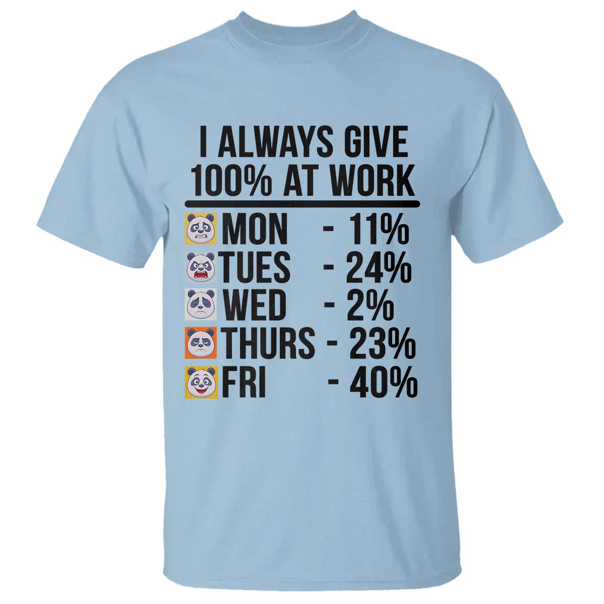 I Always Give 100% At Work T Shirt Funny Panda Office Mood TS12 Light Blue Print Your Wear