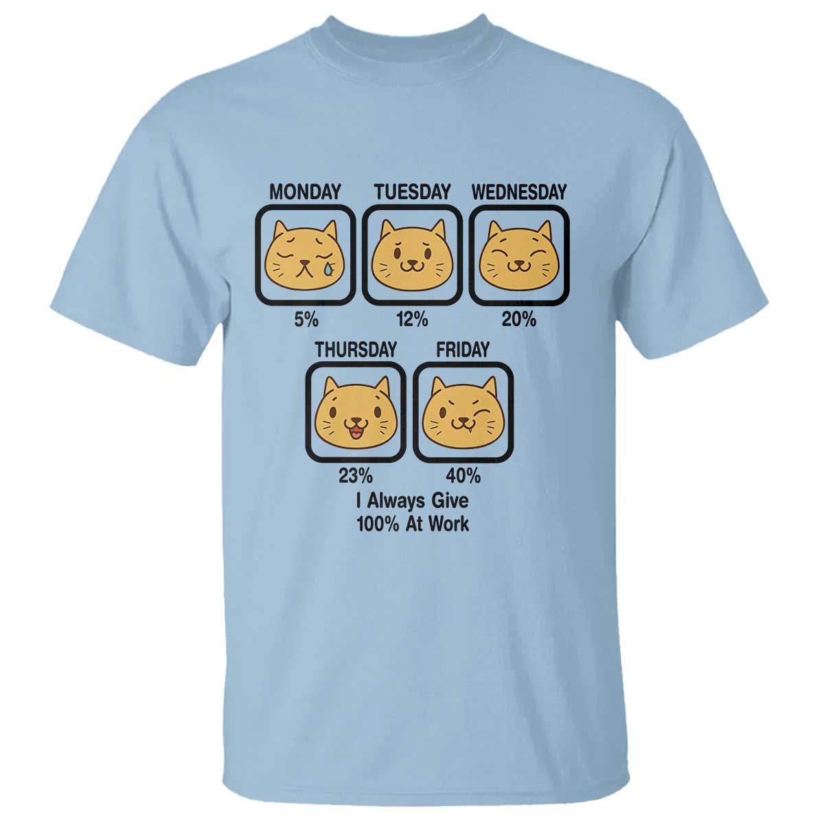 Funny Cat Office Mood T Shirt I Always Give 100% At Work Quote TS12 Light Blue Print Your Wear