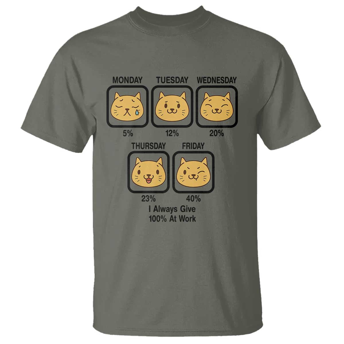 Funny Cat Office Mood T Shirt I Always Give 100% At Work Quote TS12 Military Green Print Your Wear