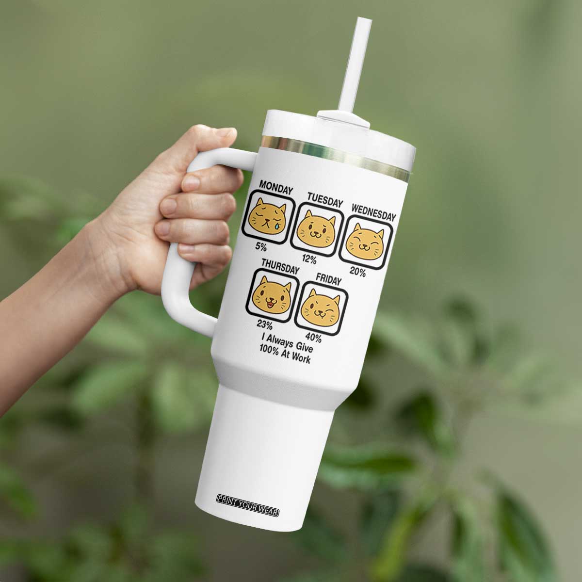 Funny Cat Office Mood Tumbler With Handle I Always Give 100% At Work Quote TS12 Print Your Wear