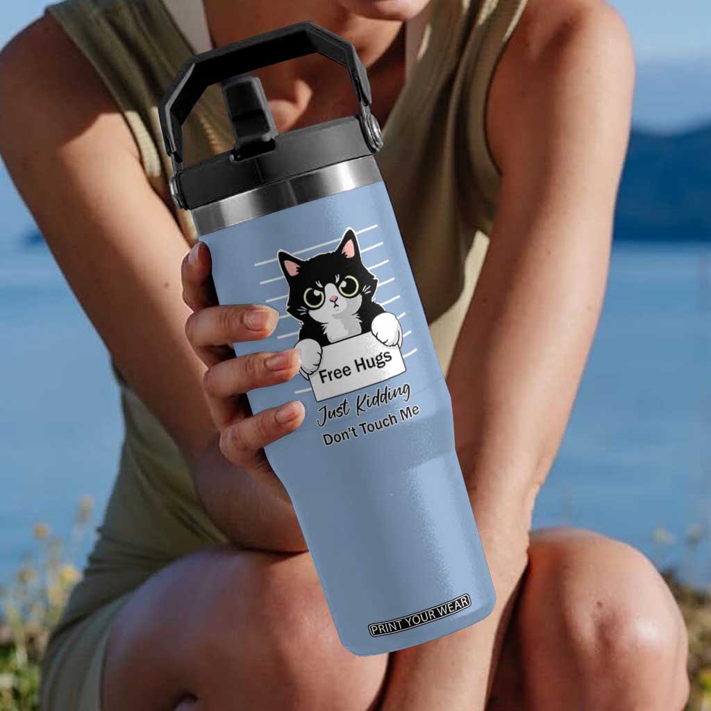 Funny Black Cat Quote Flip Straw Tumbler Free Hugs Just Kidding Do Not Touch Me TS12 One Size: 30 oz Light Blue Print Your Wear