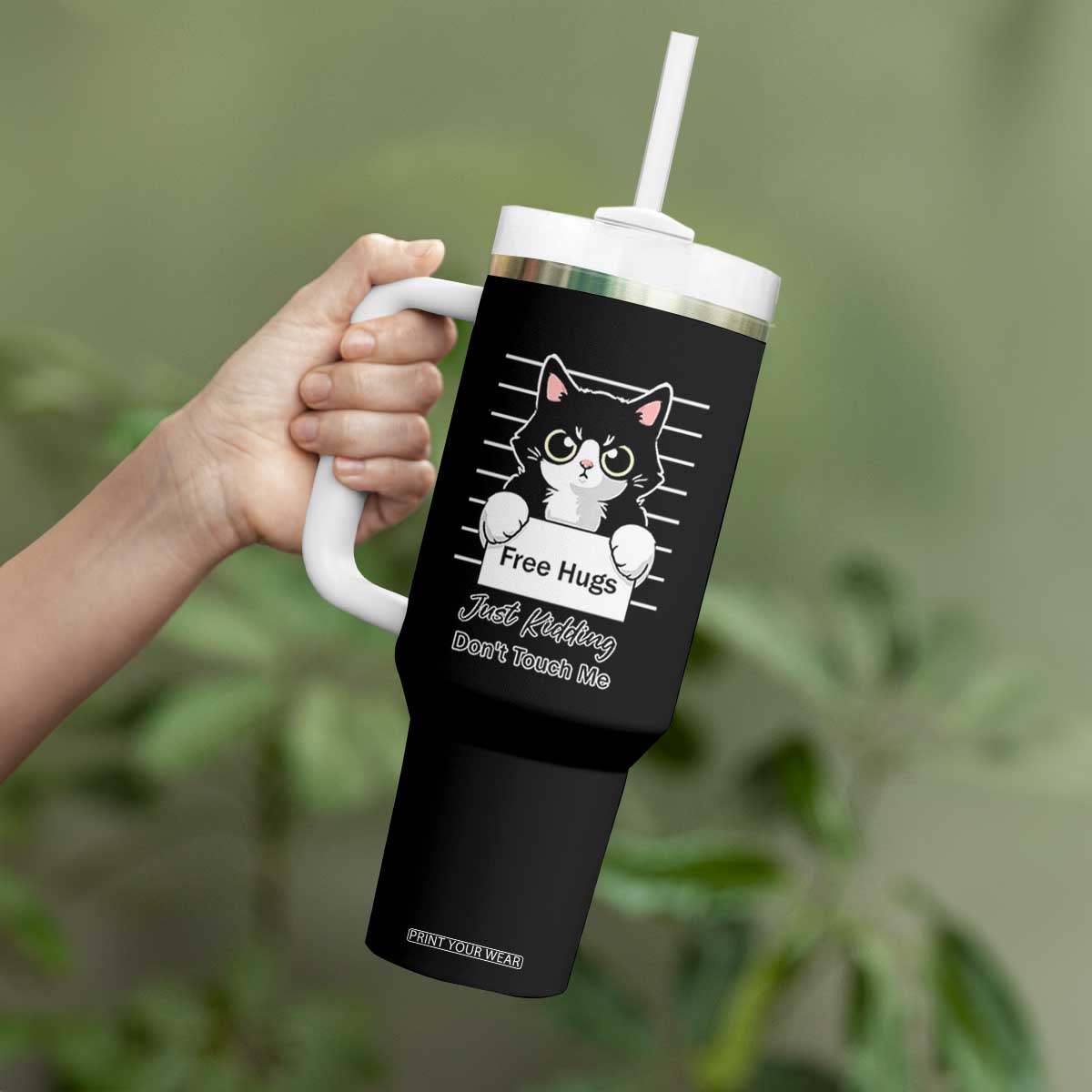 Funny Black Cat Quote Tumbler With Handle Free Hugs Just Kidding Do Not Touch Me TS12 Print Your Wear