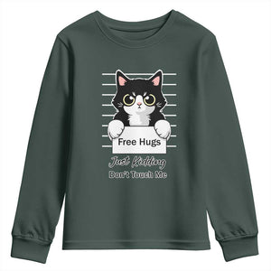 Funny Black Cat Quote Youth Sweatshirt Free Hugs Just Kidding Do Not Touch Me TS12 Dark Forest Green Print Your Wear