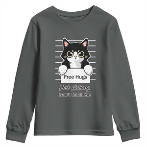 Funny Black Cat Quote Youth Sweatshirt Free Hugs Just Kidding Do Not Touch Me TS12 Dark Heather Print Your Wear