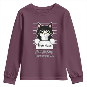 Funny Black Cat Quote Youth Sweatshirt Free Hugs Just Kidding Do Not Touch Me TS12 Maroon Print Your Wear