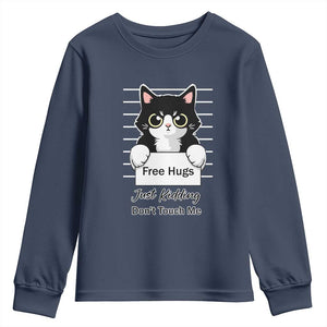 Funny Black Cat Quote Youth Sweatshirt Free Hugs Just Kidding Do Not Touch Me TS12 Navy Print Your Wear