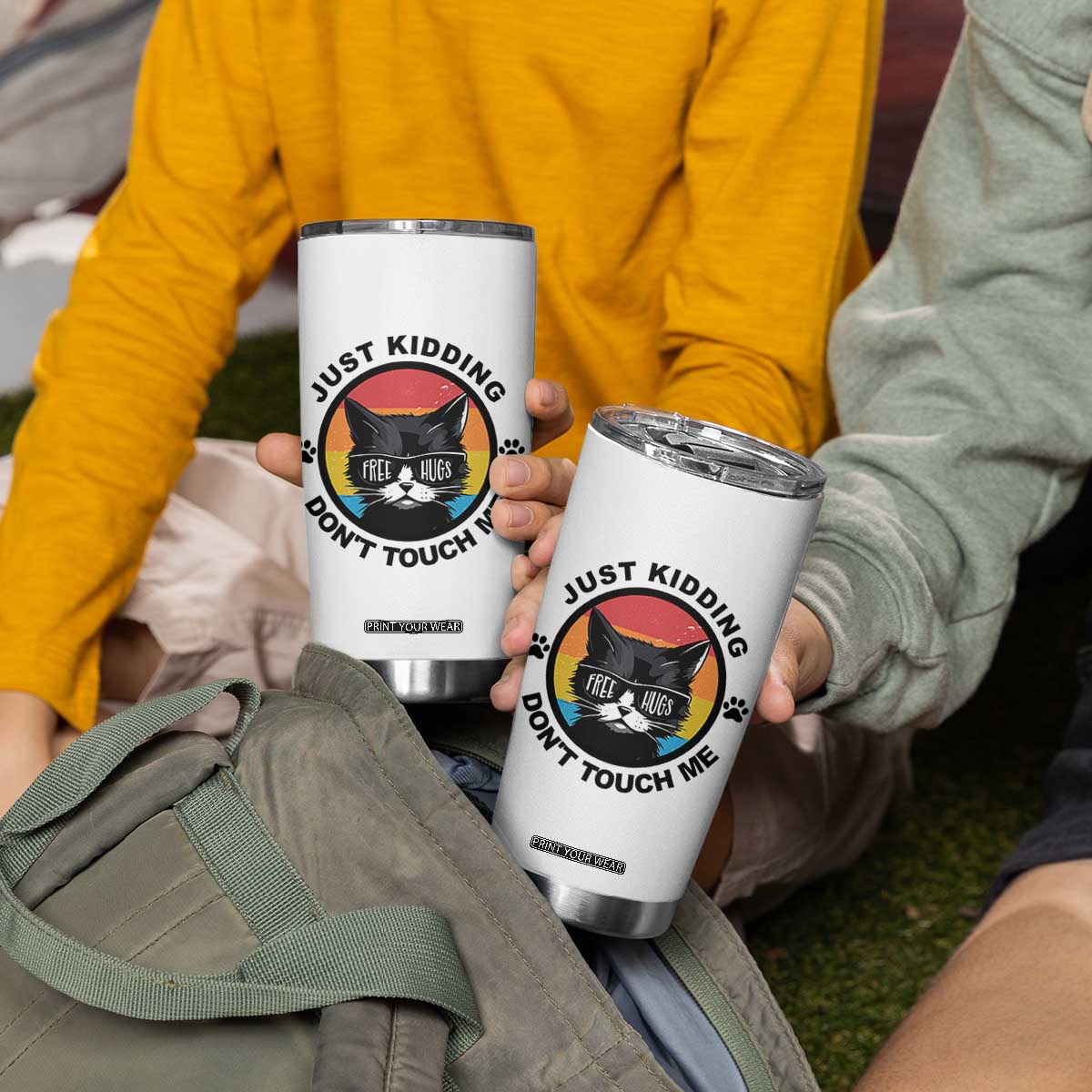 Black Cat Lovers Tumbler Cup Free Hugs Just Kidding Do Not Touch Me Gift TS12 Print Your Wear